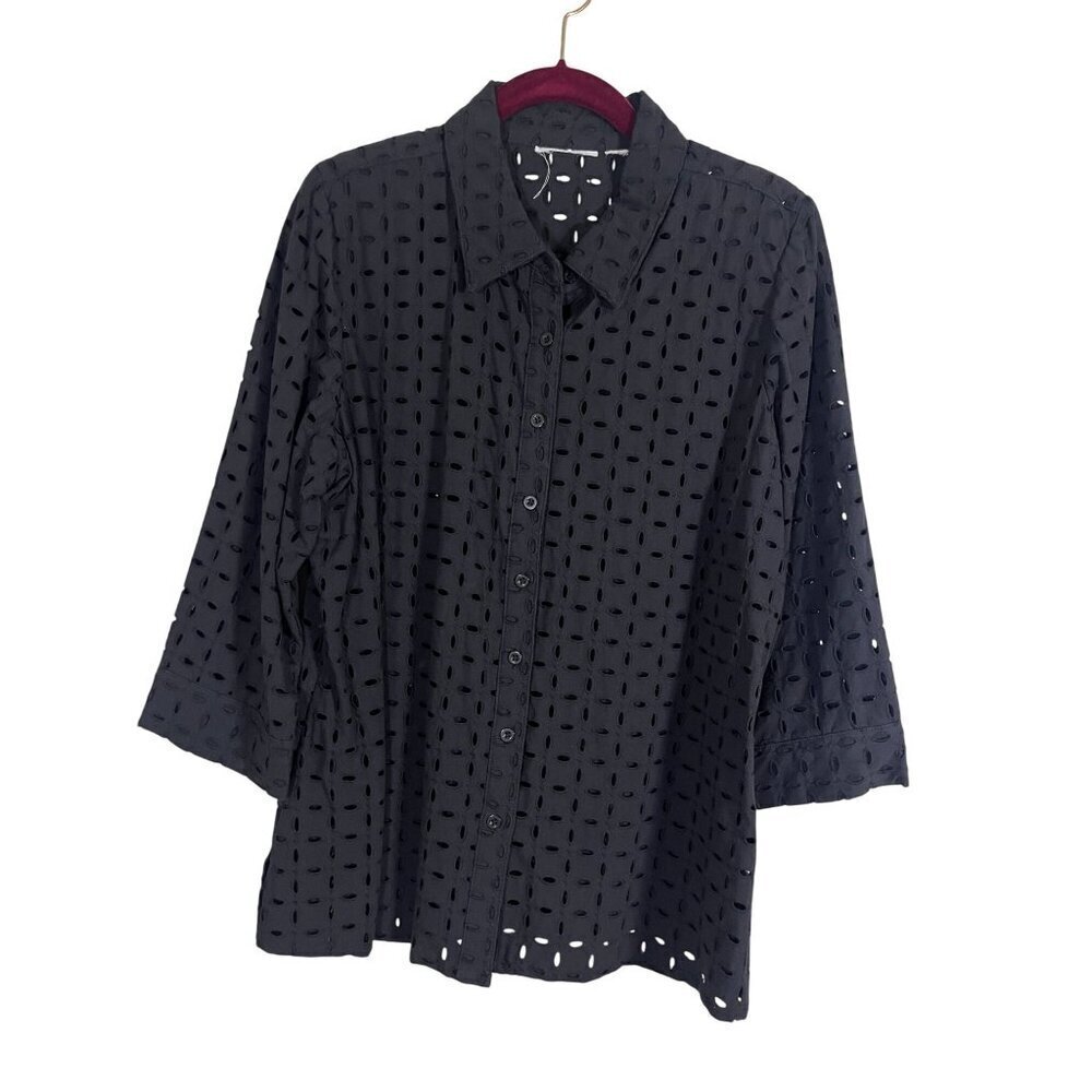 Susan Graver Top Women M Black Eyelet Neutral Mature Minimalist Preppy Classic